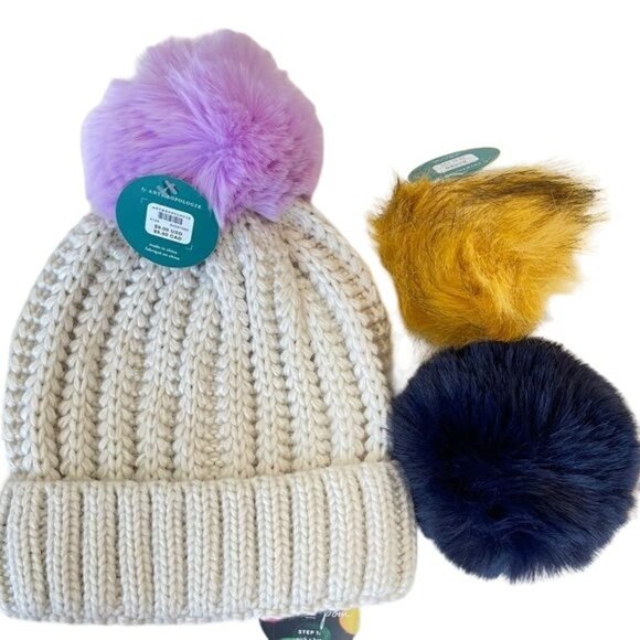Anthropologie Pick A Pom Beanie Stocking Hat Ivory Set 3 Poms purple yellow NWT - Picture 2 of 4